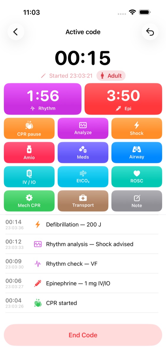 An active code: elapsed clock, rhythm and epi cycle timers, and the one-tap button grid