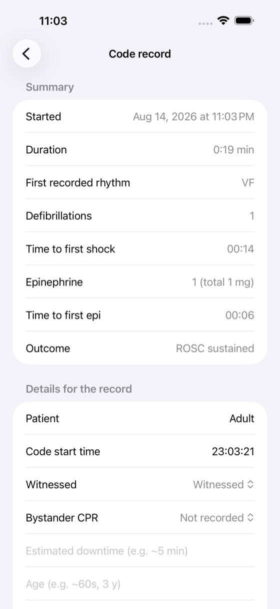 The finished code record on the phone, with start date and time, first rhythm, shocks, epi and outcome